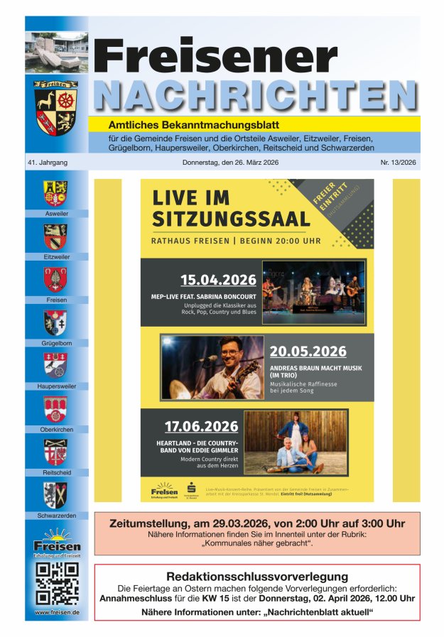 Freisener Nachrichten Titelblatt 13/2026