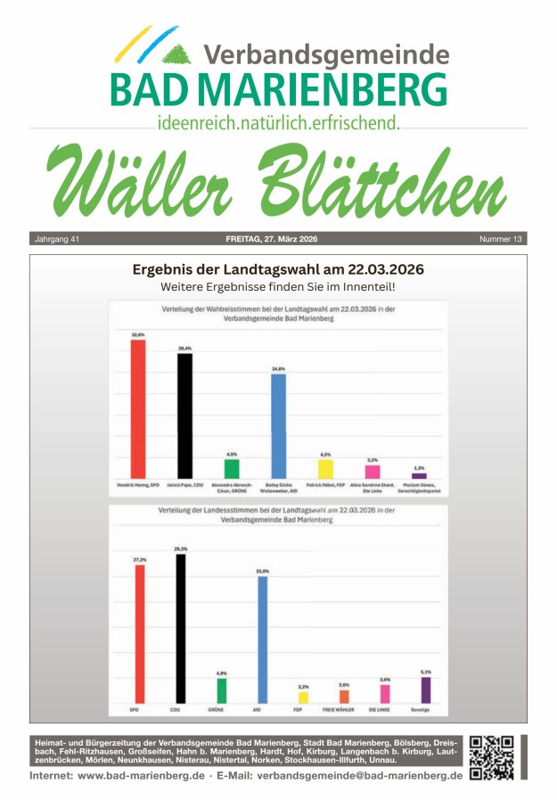 Wäller Blättchen - Verbandsgemeinde Bad Marienberg Titelblatt 13/2026