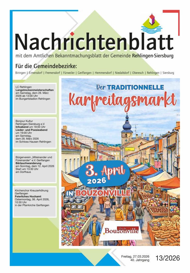 Nachrichtenblatt Rehlingen-Siersburg Titelblatt 13/2026