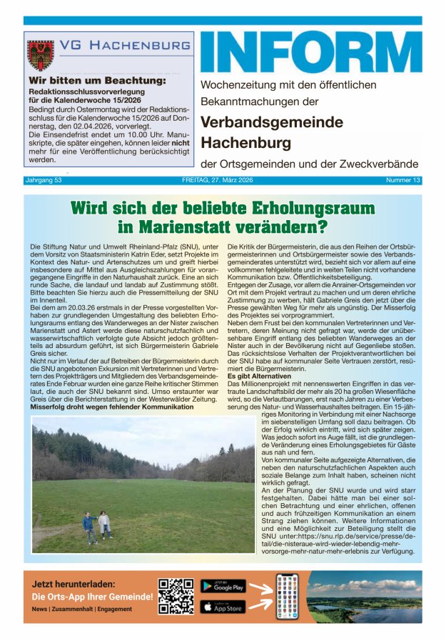 INFORM - Wochenzeitung der Verbandsgemeinde Hachenburg Titelblatt 13/2026