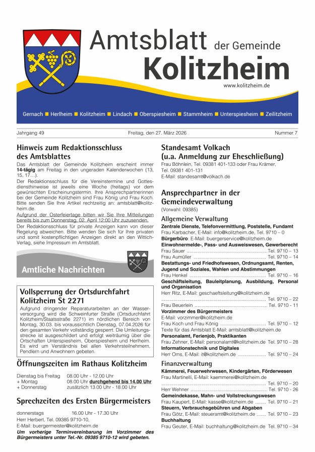 Amtsblatt der Gemeinde Kolitzheim Titelblatt 07/2026