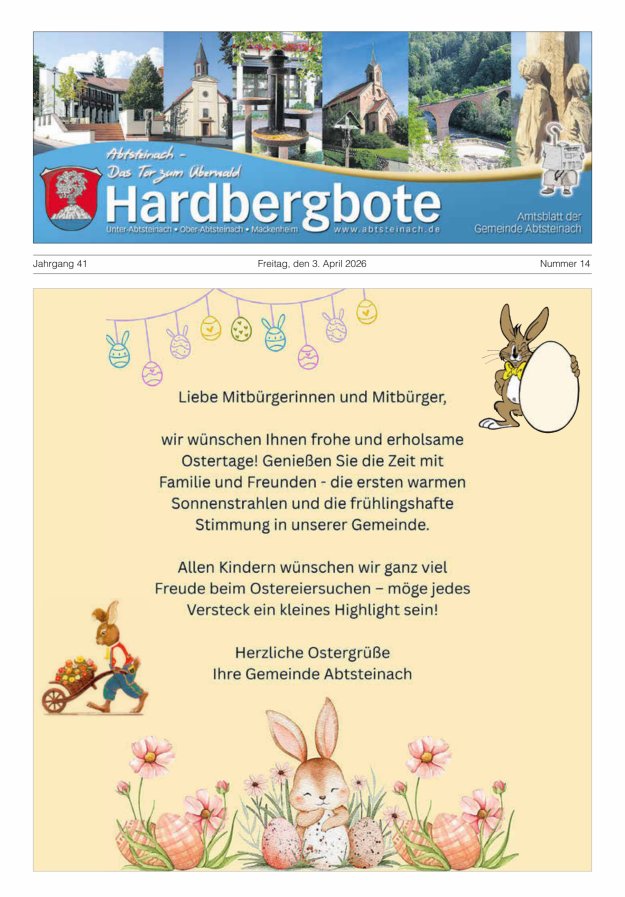 Hardbergbote - Mitteilungsblatt der Gemeinde Abtsteinach Titelblatt 14/2026