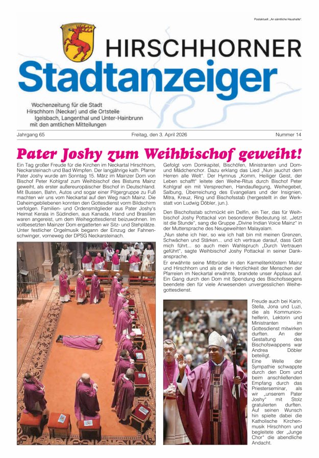 Hirschhorner Stadtanzeiger Titelblatt 14/2026