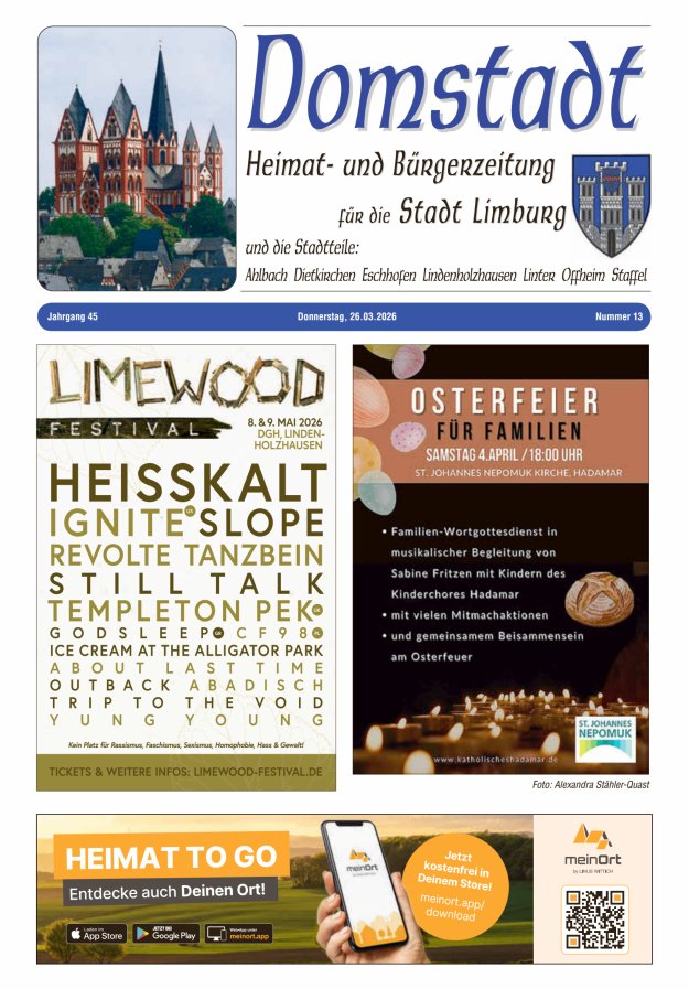 Domstadt - Heimat- und Bürgerzeitung für die Stadt Limburg Titelblatt 13/2026
