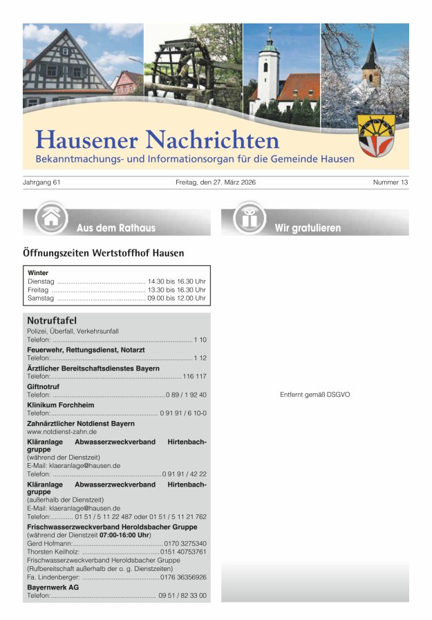 Hausener Nachrichten Titelblatt 13/2026