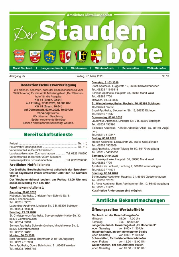 Staudenbote Amtliches Mitteilungsblatt Titelblatt 13/2026