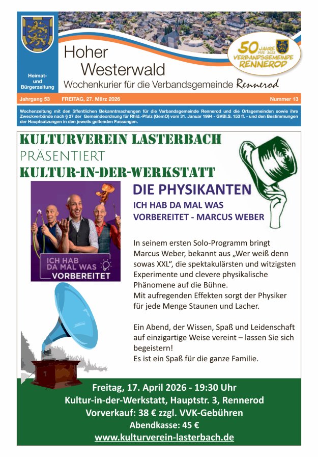 Hoher Westerwald - Wochenkurier für die Verbandsgemeinde Rennerod Titelblatt 13/2026