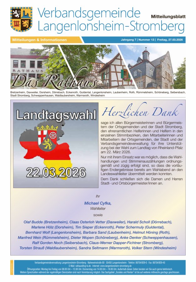 Das Rathaus - MTB d VG Langenlonsheim-Stromberg Titelblatt 13/2026
