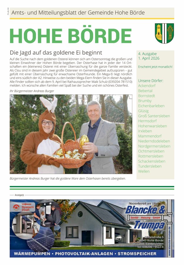 Amts- und Mitteilungsblatt der Gemeinde Hohe Börde Titelblatt 04/2026