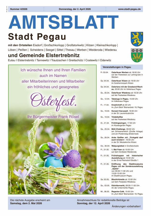 Amtsblatt Stadt Pegau und Gemeinde Elstertrebnitz  Titelblatt 04/2026