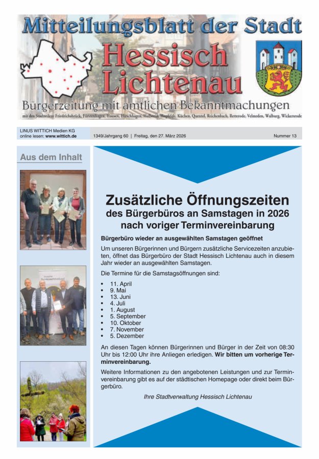 Mitteilungsblatt der Stadt Hess Lichtenau Titelblatt 13/2026