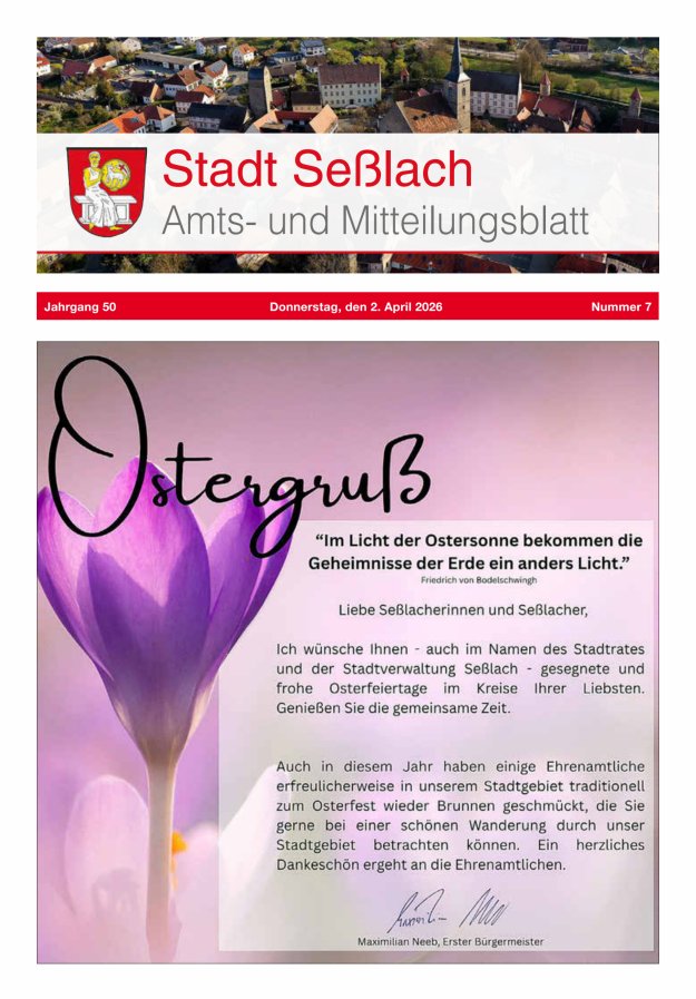 Amts- und Mitteilungsblatt Stadt Seßlach Titelblatt 07/2026