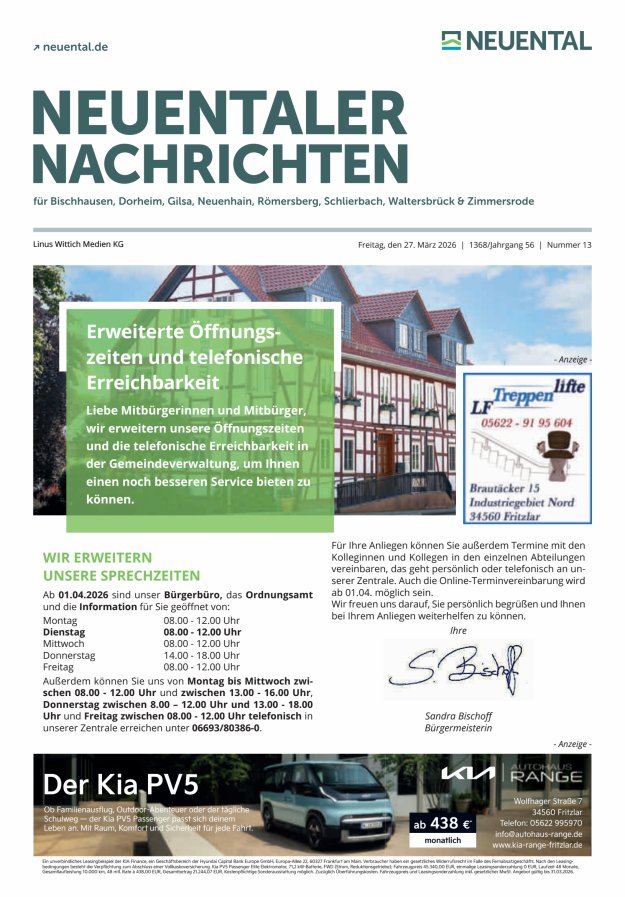 Neuentaler Nachrichten Titelblatt 13/2026