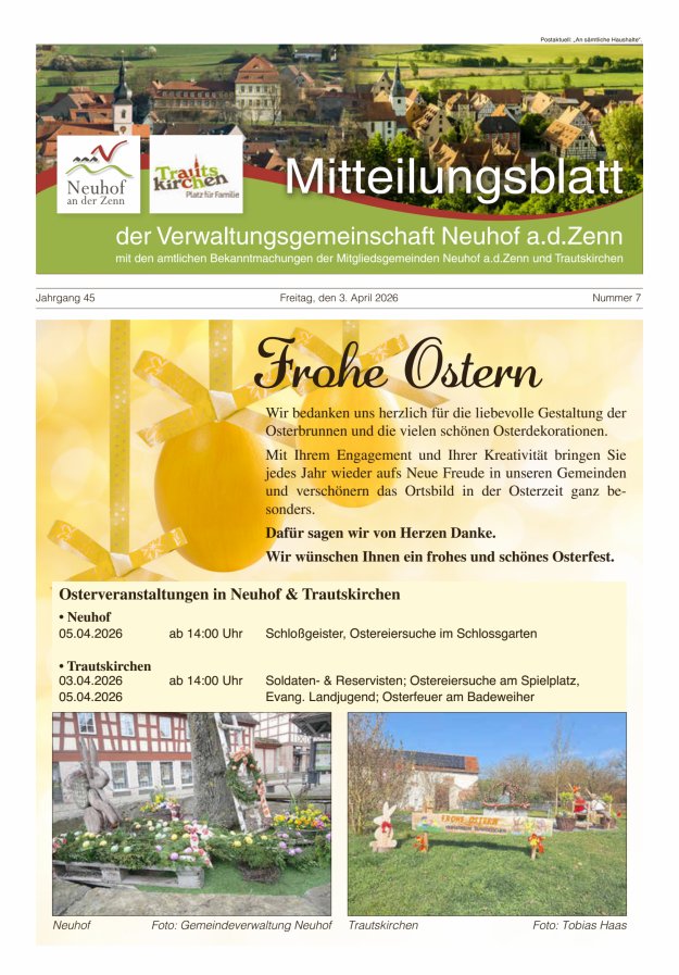 Mitteilungsblatt der Verwaltungsgemeinschaft Neuhof an der Zenn mit den amtlichen Bekanntmachungen der Mitgliedsgemeinden Neuhof an der Zenn und Trautskirchen Titelblatt 07/2026