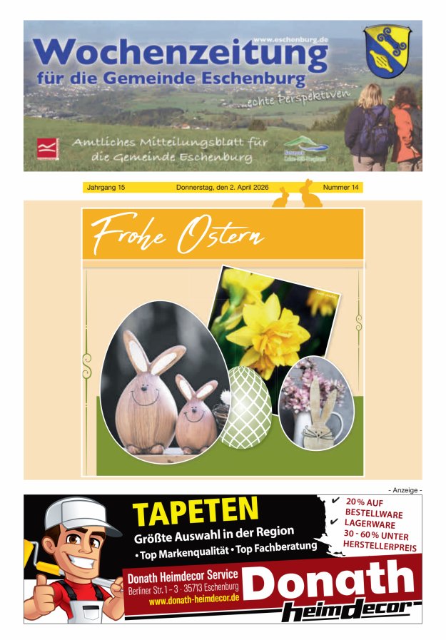 Wochenzeitung für die Gemeinde Eschenburg Titelblatt 14/2026