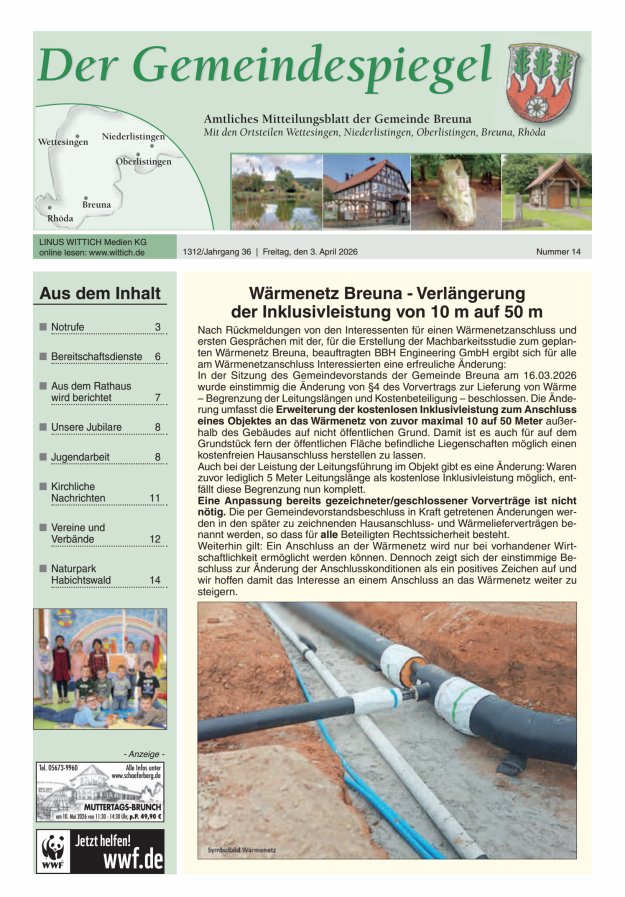 Der Gemeindespiegel (Breuna) Titelblatt 14/2026