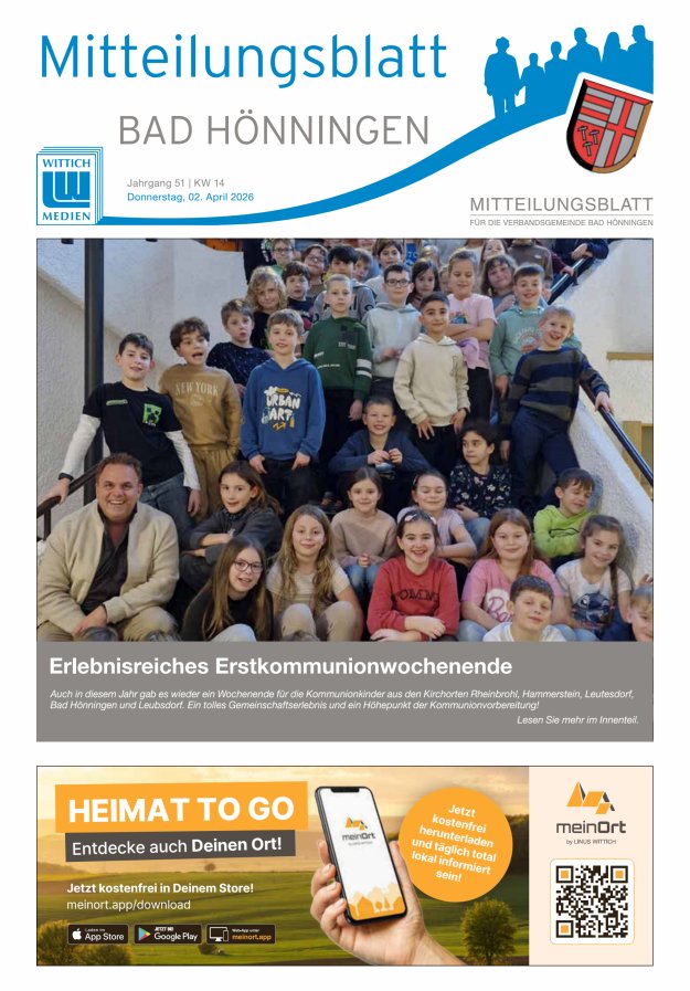 Mitteilungsblatt für den Bereich der Verbandsgemeinde Bad Hönningen Titelblatt 14/2026