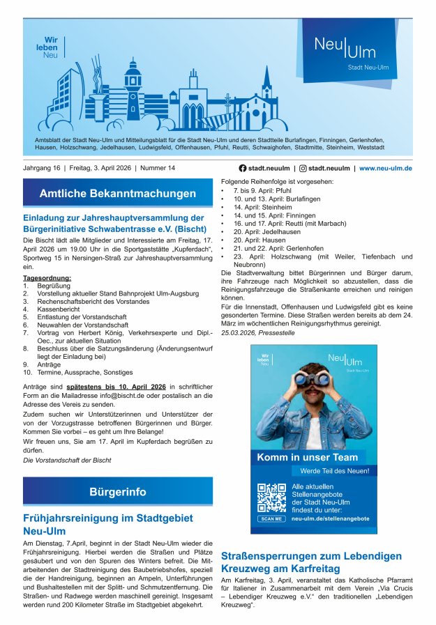 Amtsblatt der Stadt Neu-Ulm und Mitteilungsblatt für die Stadt Neu-Ulm Titelblatt 14/2026