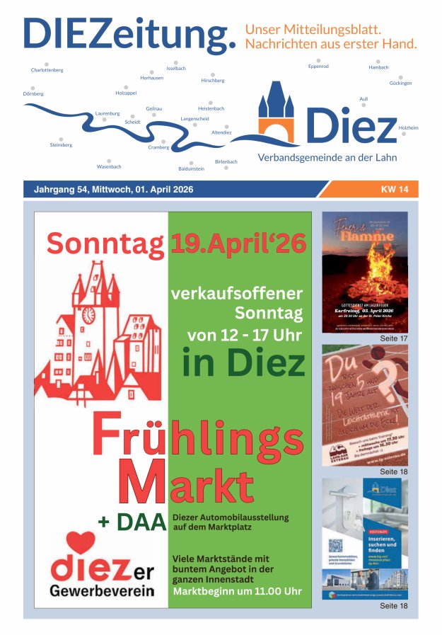 DIEZeitung - Mitteilungsblatt der Verbandsgemeinde Diez  Titelblatt 14/2026