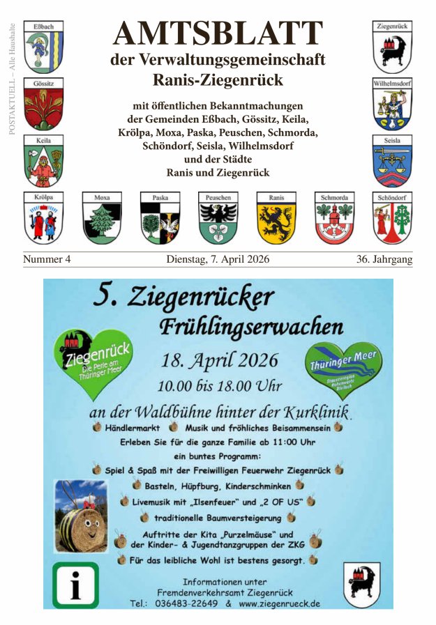 Amtsblatt der Verwaltungsgemeinschaft Ranis-Ziegenrück Titelblatt 04/2026