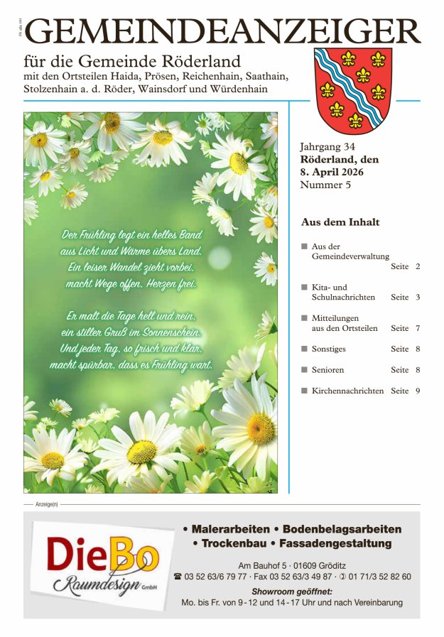 Gemeindeanzeiger - Amtsblatt für die Gemeinde Röderland Titelblatt 05/2026