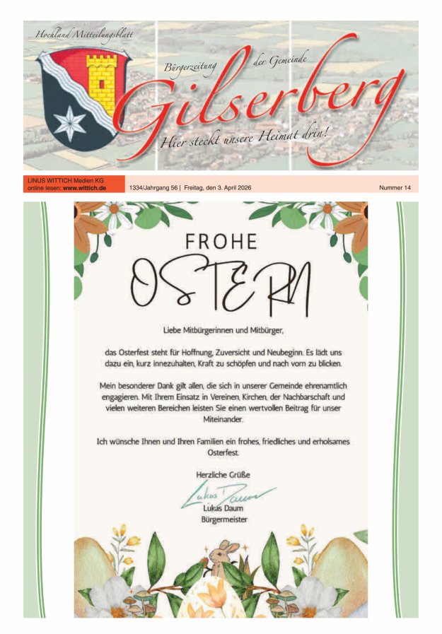 Hochland Mitteilungsblatt Gilserberg Titelblatt 14/2026