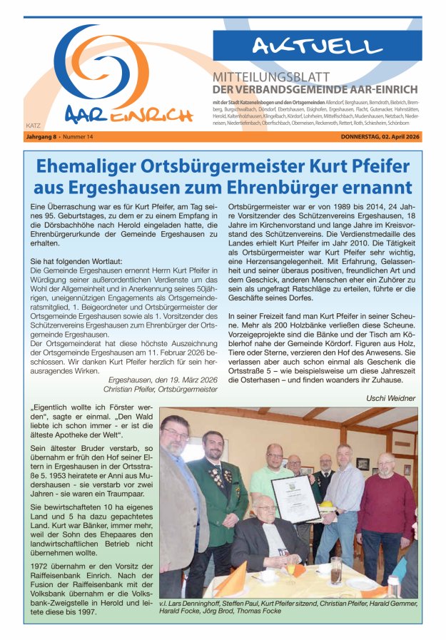 Mitteilungsblatt der Verbandsgemeinde Aar-Einrich Ausgabe Katzenelnbogen Titelblatt 13/2026