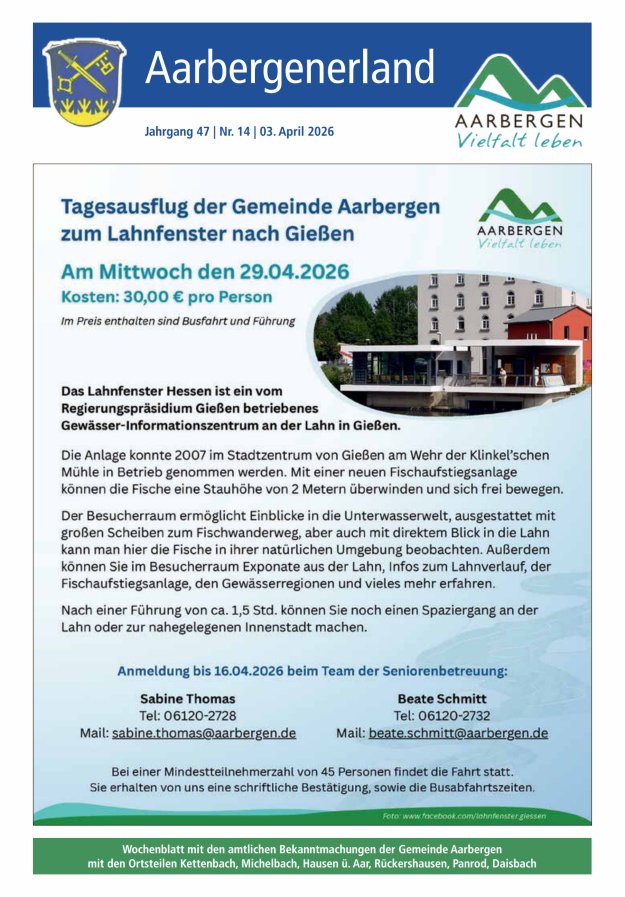 Aarbergenerland - Wochenblatt mit den amtlichen Bekanntmachungen Titelblatt 14/2026