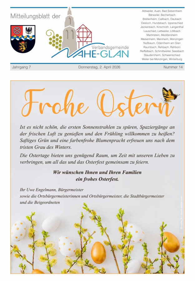 Mitteilungsblatt für die Verbandsgemeinde Nahe-Glan Titelblatt 14/2026