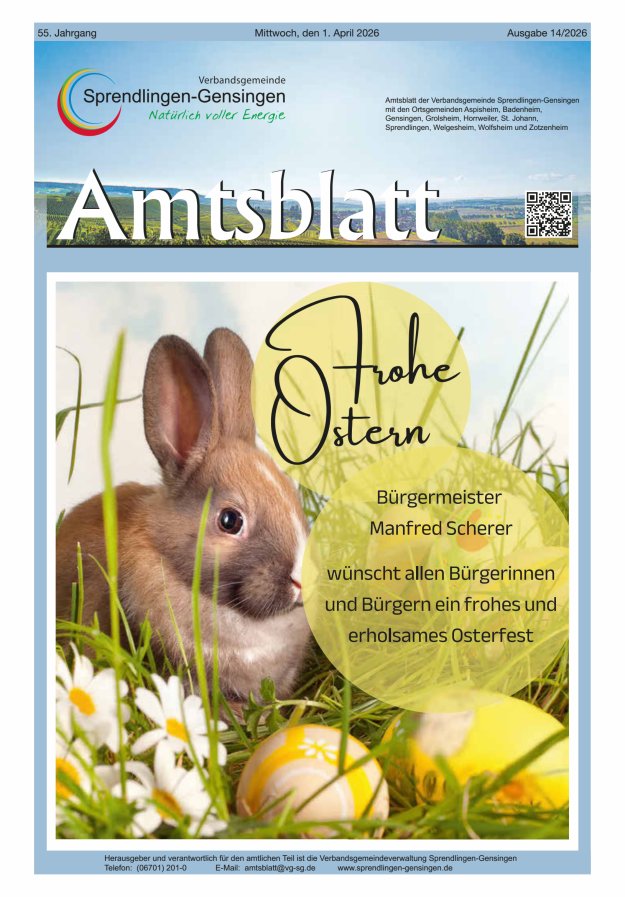 Amtsblatt VG Sprendlingen-Gensingen Titelblatt 14/2026