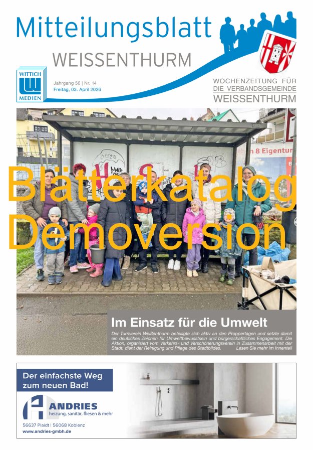 Mitteilungsblatt für den Bereich der Verbandsgemeinde Weißenthurm Titelblatt 14/2026