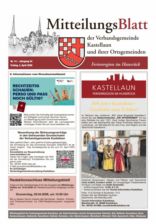Mitteilungsblatt Kastellaun Titelblatt 14/2026
