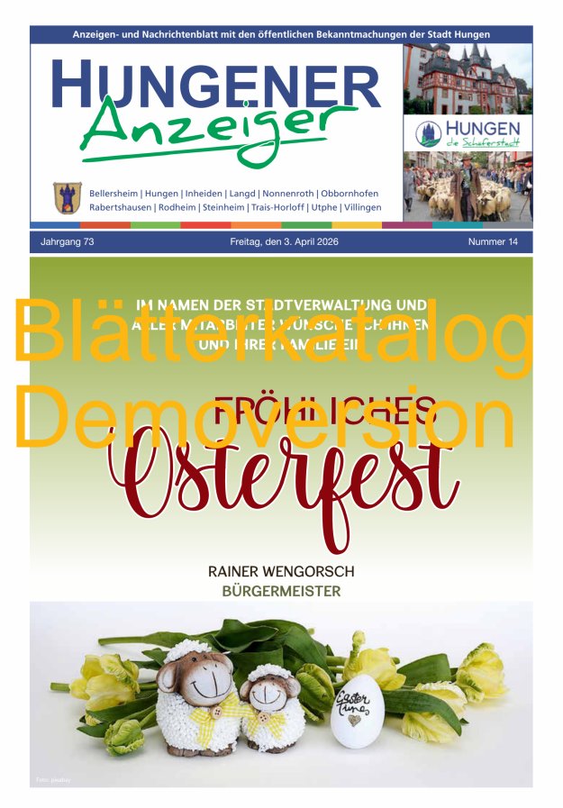 Anzeigen- und Nachrichtenblatt mit den öff  Bekanntmachungen der Stadt Hungen Titelblatt 14/2026