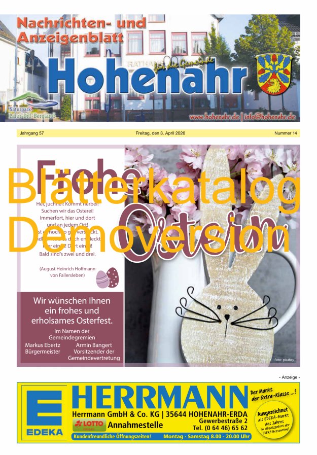 Nachrichten- und Anzeigenblatt für die Gemeinde Hohenahr Titelblatt 14/2026