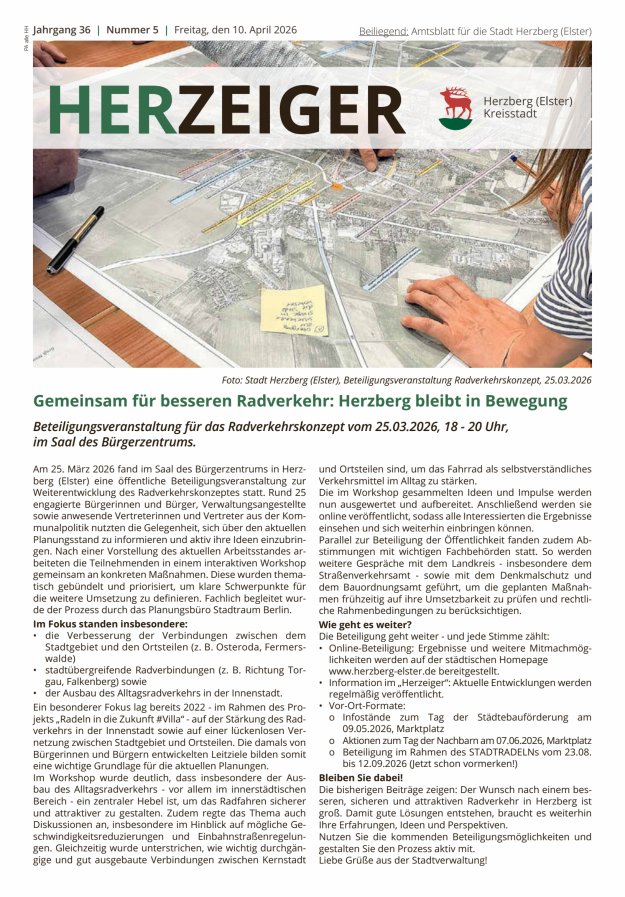 Amtsblatt für die Stadt Herzberg (Elster) mit Bekanntmachungen der Stadt  Titelblatt 05/2026
