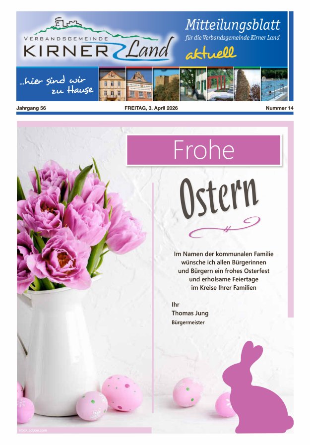 Mitteilungsblatt für den Bereich der Verbandsgemeinde Kirner Land Titelblatt 14/2026
