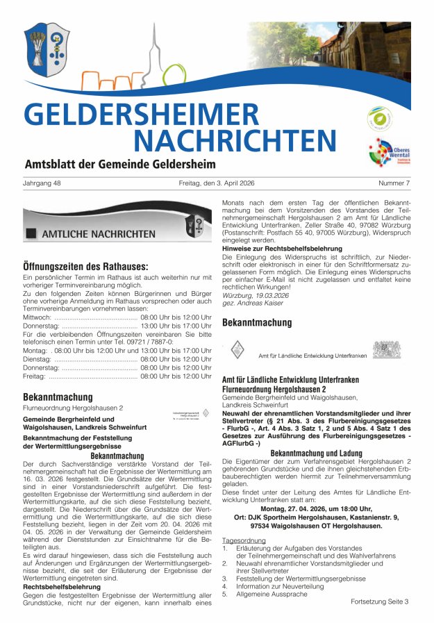 Geldersheimer Nachrichten Amtsblatt der Gemeinde Geldersheim Titelblatt 07/2026