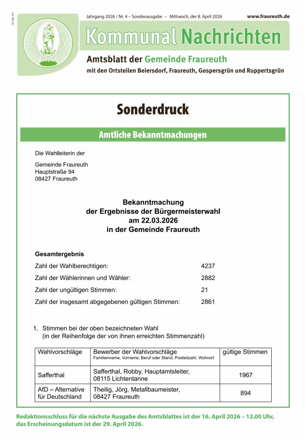 Kommunal-Nachrichten der Gemeinde Fraureuth Titelblatt 04/2026