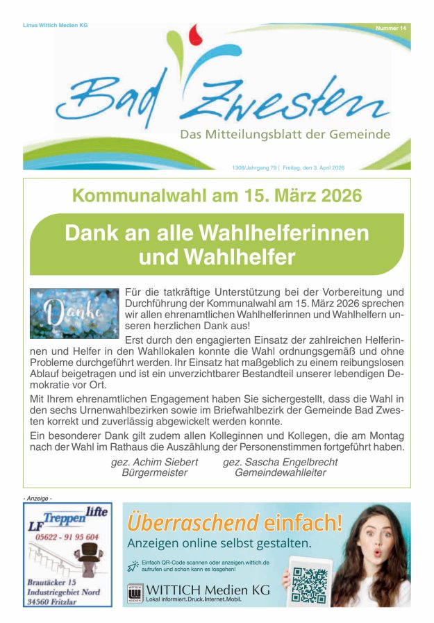Heimatzeitung Bad Zwesten Titelblatt 14/2026