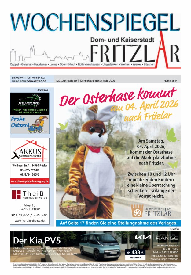 Wochenspiegel Dom- und Kaiserstadt Fritzlar Titelblatt 14/2026