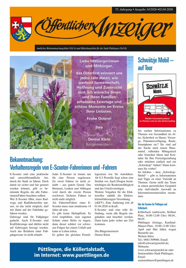 Öffentlicher Anzeiger - Stadt Püttlingen Titelblatt 14/2026