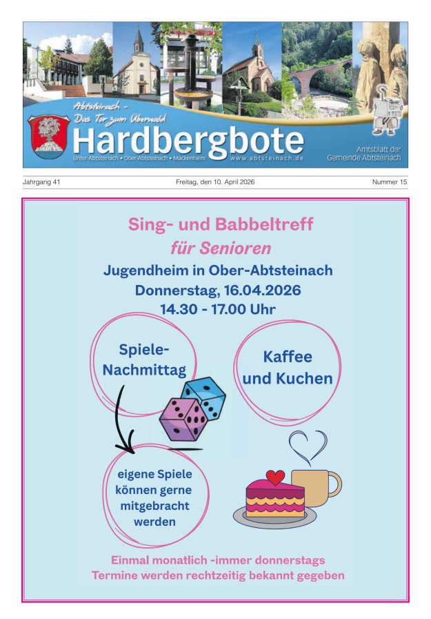 Hardbergbote - Mitteilungsblatt der Gemeinde Abtsteinach Titelblatt 15/2026