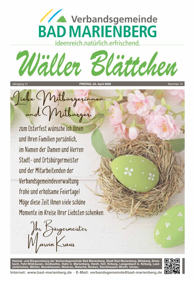 Wäller Blättchen - Verbandsgemeinde Bad Marienberg Titelblatt 14/2026
