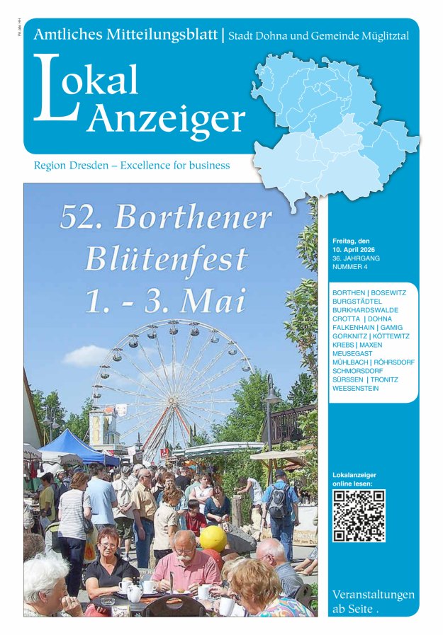 Lokal-Anzeiger – Amtliches Mitteilungsblatt Stadt Dohna und Gemeinde Müglitztal Titelblatt 04/2026