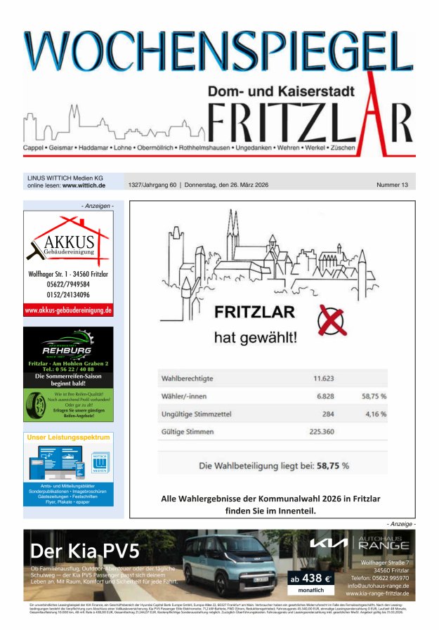 Wochenspiegel Dom- und Kaiserstadt Fritzlar Titelblatt 13/2026