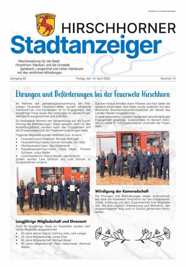 Hirschhorner Stadtanzeiger Titelblatt 15/2026