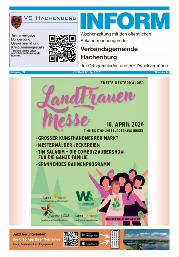 INFORM - Wochenzeitung der Verbandsgemeinde Hachenburg Titelblatt 14/2026