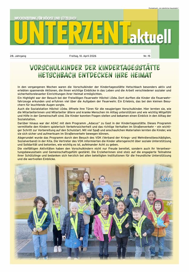 Unterzent aktuell Wochenzeitung für Höchst und Lützelbach Titelblatt 15/2026