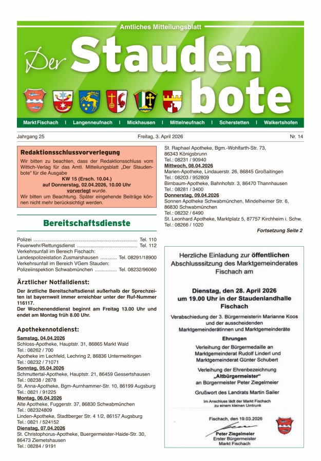 Staudenbote Amtliches Mitteilungsblatt Titelblatt 14/2026
