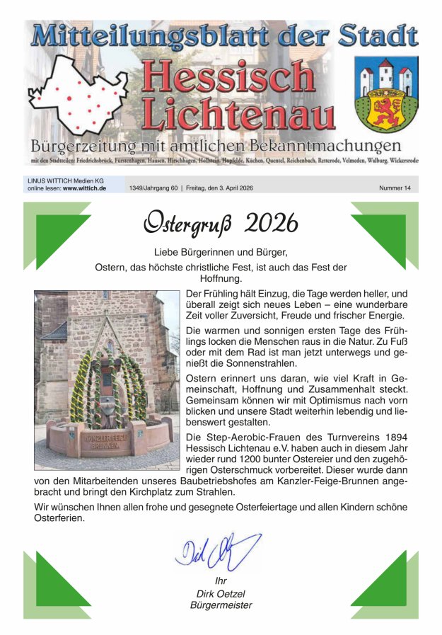 Mitteilungsblatt der Stadt Hess Lichtenau Titelblatt 14/2026